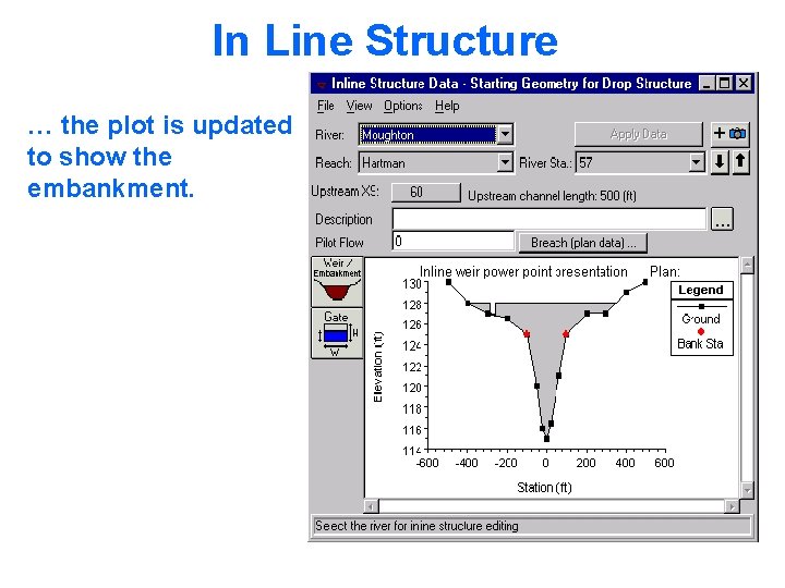 In Line Structure … the plot is updated to show the embankment. 