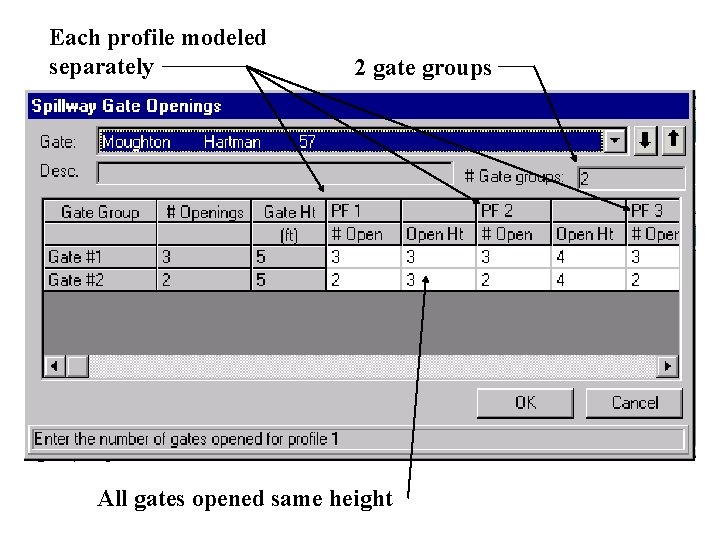 Each profile modeled separately 2 gate groups All gates opened same height 