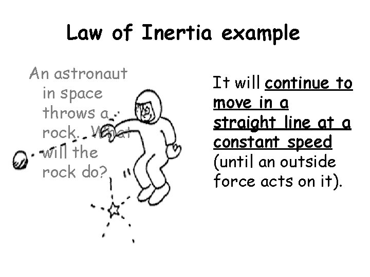Law of Inertia example An astronaut in space throws a rock. What will the