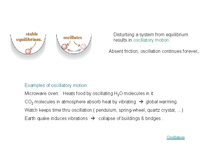 Disturbing a system from equilibrium results in oscillatory motion. Absent friction, oscillation continues forever.