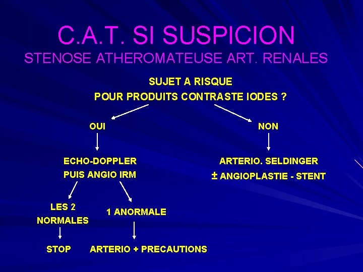 C. A. T. SI SUSPICION STENOSE ATHEROMATEUSE ART. RENALES SUJET A RISQUE POUR PRODUITS