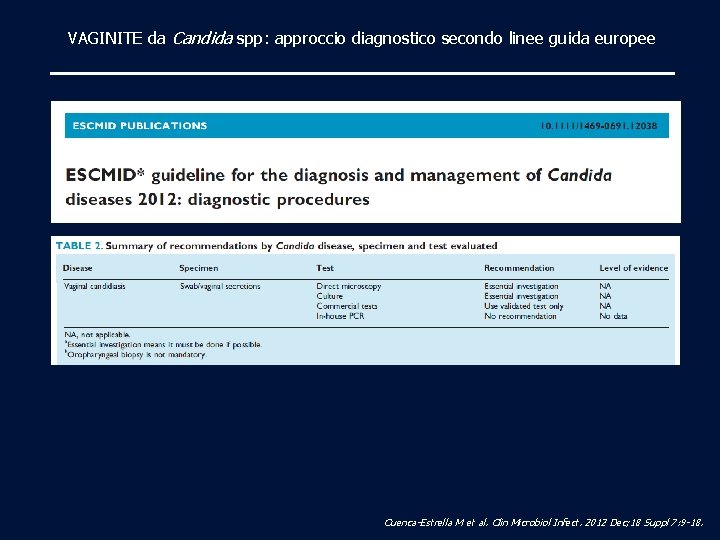 VAGINITE da Candida spp: approccio diagnostico secondo linee guida europee Cuenca-Estrella M et al.