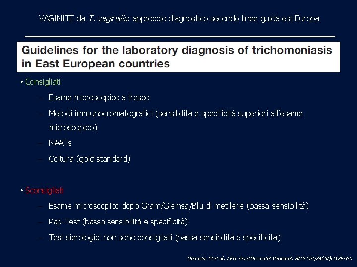 VAGINITE da T. vaginalis: approccio diagnostico secondo linee guida est Europa • Consigliati –