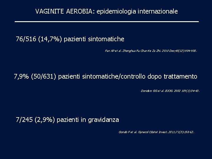 VAGINITE AEROBIA: epidemiologia internazionale 76/516 (14, 7%) pazienti sintomatiche Fan AP et al. Zhonghua