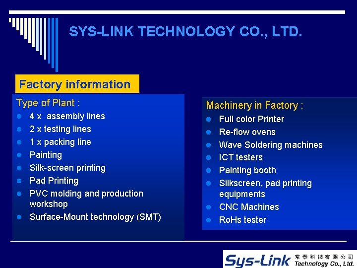 SYS-LINK TECHNOLOGY CO. , LTD. Factory information : Type of Plant : Machinery in