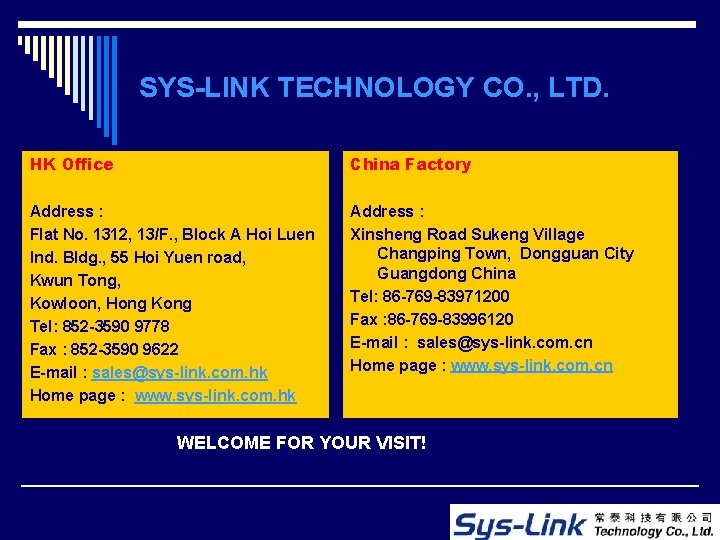 SYS-LINK TECHNOLOGY CO. , LTD. HK Office China Factory Address : Flat No. 1312,