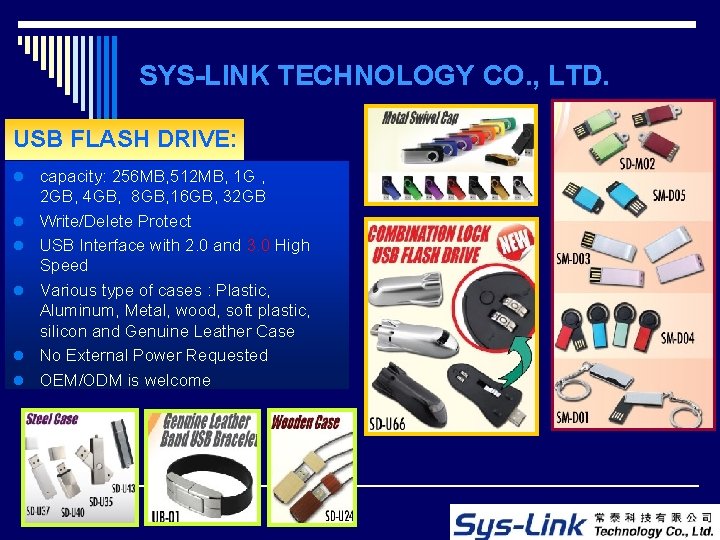 SYS-LINK TECHNOLOGY CO. , LTD. USB FLASH DRIVE: l l l capacity: 256 MB,