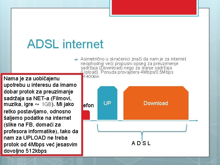 ADSL internet 2 Asimetrično u skraćenici znači da nam je za internet neophodniji veći