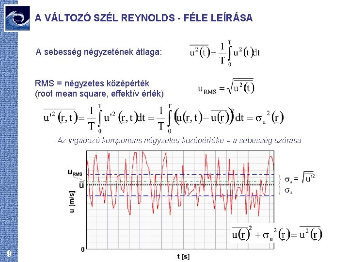 A VÁLTOZÓ SZÉL REYNOLDS - FÉLE LEÍRÁSA A sebesség négyzetének átlaga: RMS = négyzetes