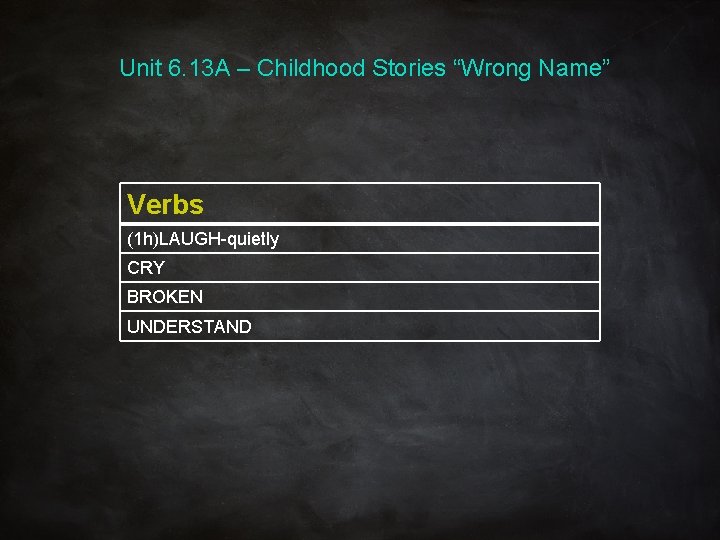 Unit 6. 13 A – Childhood Stories “Wrong Name” Verbs (1 h)LAUGH-quietly CRY BROKEN