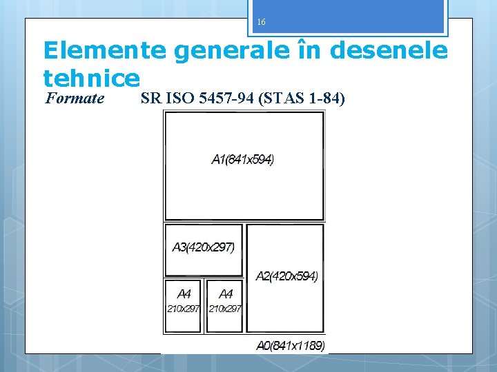 16 Elemente generale în desenele tehnice Formate SR ISO 5457 -94 (STAS 1 -84)