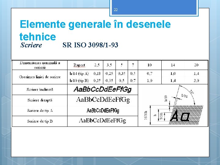 22 Elemente generale în desenele tehnice Scriere SR ISO 3098/1 -93 