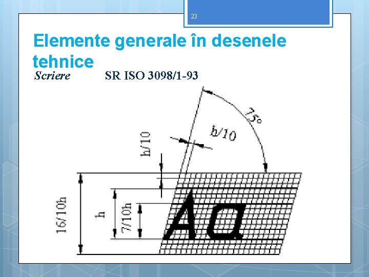 23 Elemente generale în desenele tehnice Scriere SR ISO 3098/1 -93 