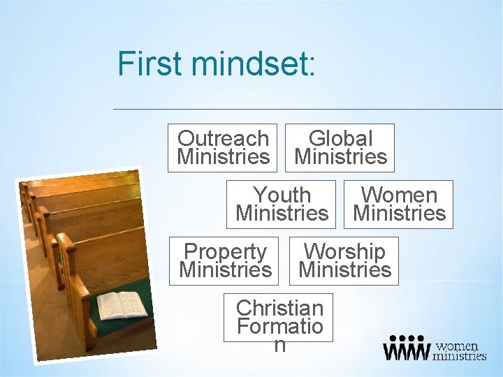 First mindset: Outreach Ministries Global Ministries Youth Ministries Property Ministries Women Ministries Worship Ministries
