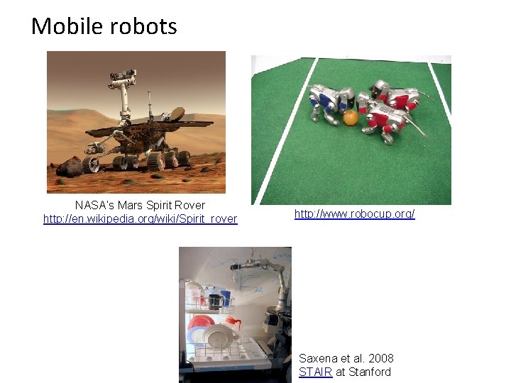 Mobile robots NASA’s Mars Spirit Rover http: //en. wikipedia. org/wiki/Spirit_rover http: //www. robocup. org/