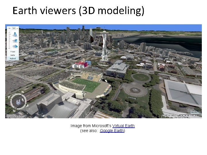 Earth viewers (3 D modeling) Image from Microsoft’s Virtual Earth (see also: Google Earth)