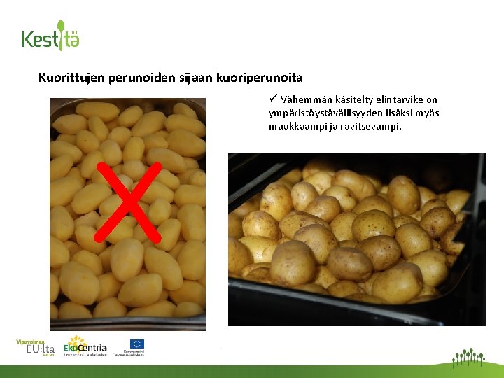 Kuorittujen perunoiden sijaan kuoriperunoita X ü Vähemmän käsitelty elintarvike on ympäristöystävällisyyden lisäksi myös maukkaampi