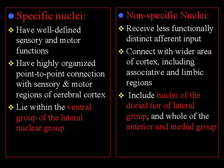 l Specific nuclei: v Have well-defined sensory and motor functions v Have highly organized