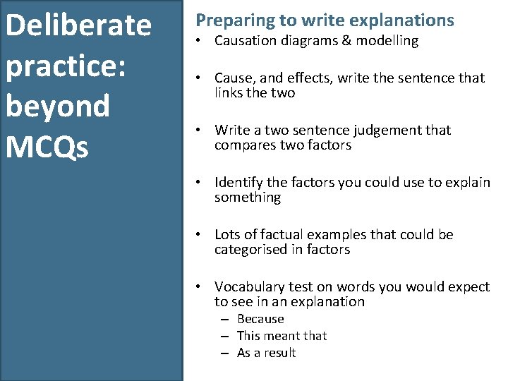 Deliberate practice: beyond MCQs Preparing to write explanations • Causation diagrams & modelling •