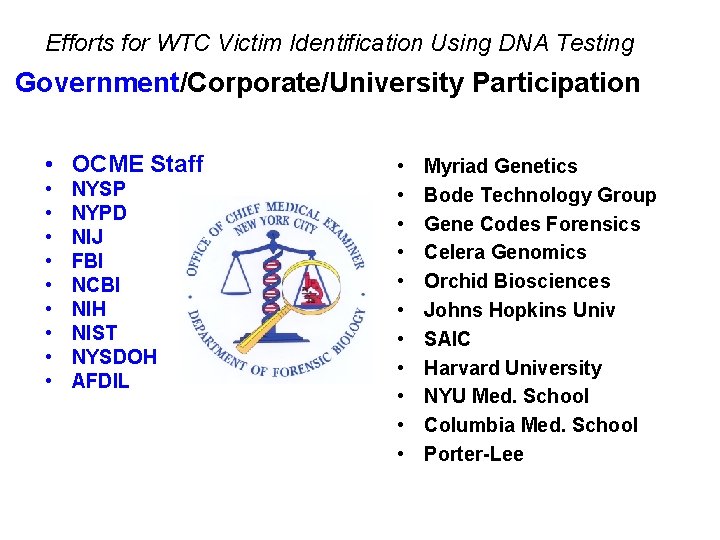 Efforts for WTC Victim Identification Using DNA Testing Government/Corporate/University Participation • OCME Staff •