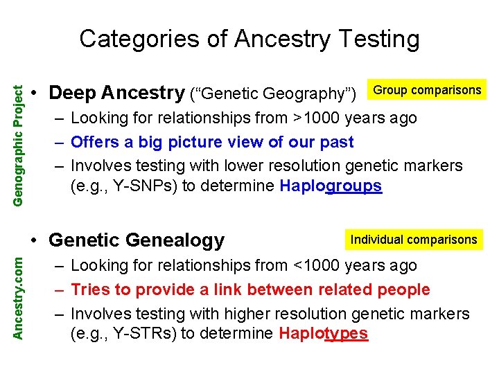 Genographic Project Categories of Ancestry Testing • Deep Ancestry (“Genetic Geography”) – Looking for