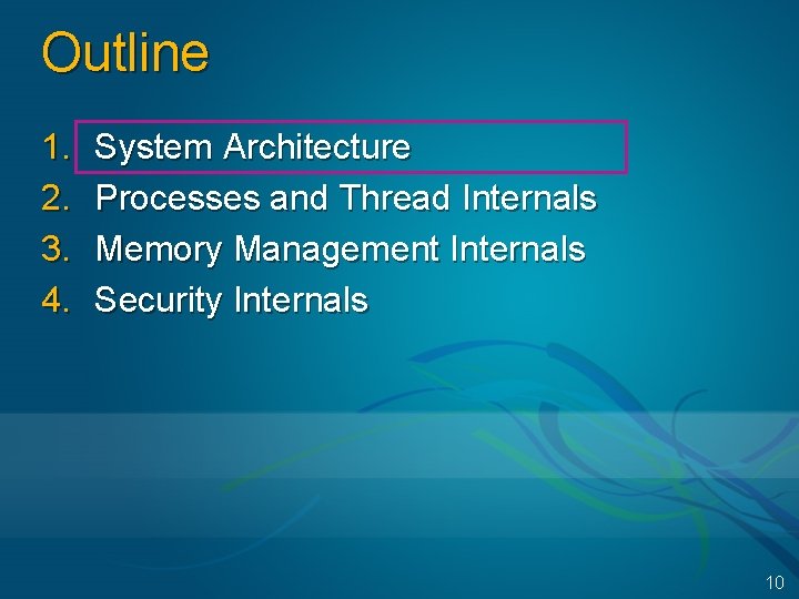 Outline 1. 2. 3. 4. System Architecture Processes and Thread Internals Memory Management Internals