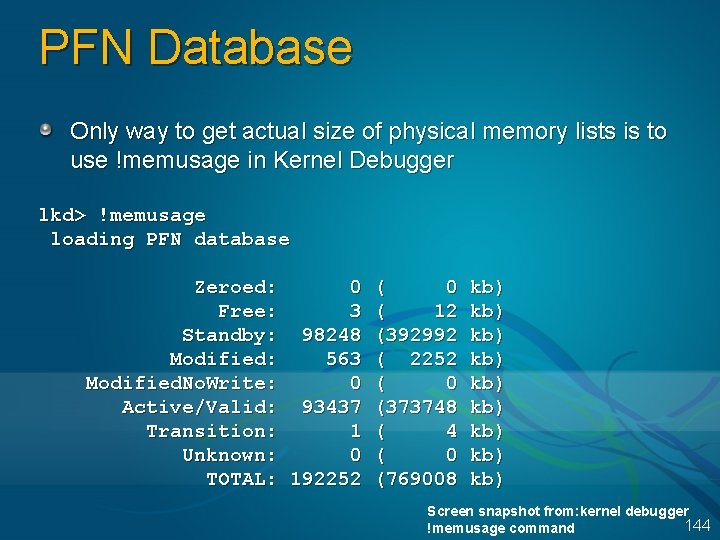 PFN Database Only way to get actual size of physical memory lists is to