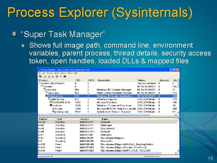 Process Explorer (Sysinternals) “Super Task Manager” Shows full image path, command line, environment variables,