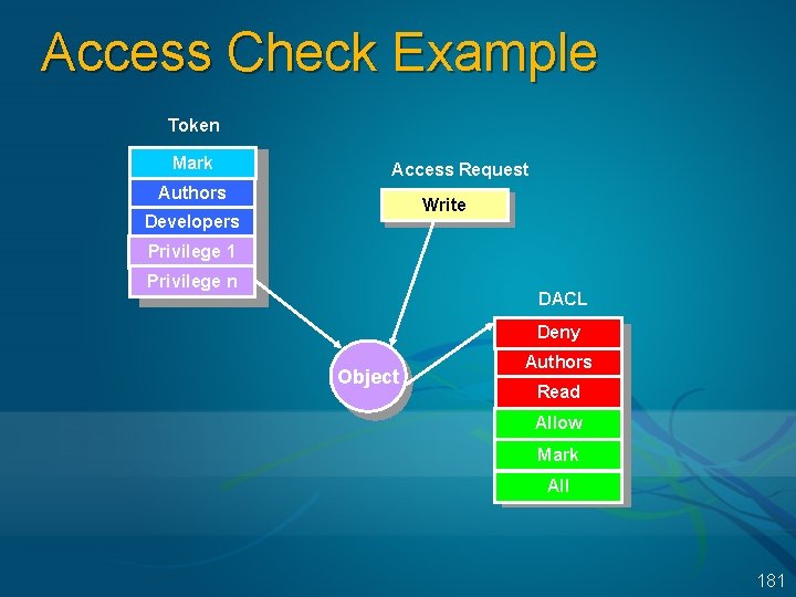 Access Check Example Token Mark Access Request Authors Write Developers Privilege 1 Privilege n