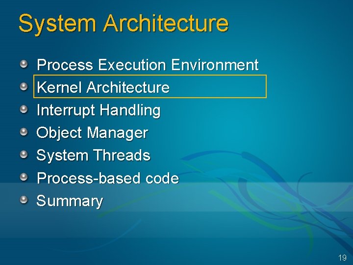 System Architecture Process Execution Environment Kernel Architecture Interrupt Handling Object Manager System Threads Process-based