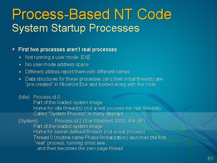 Process-Based NT Code System Startup Processes First two processes aren’t real processes Not running