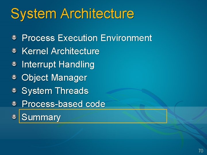 System Architecture Process Execution Environment Kernel Architecture Interrupt Handling Object Manager System Threads Process-based