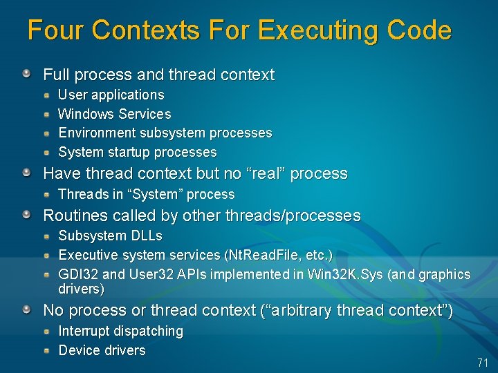 Four Contexts For Executing Code Full process and thread context User applications Windows Services