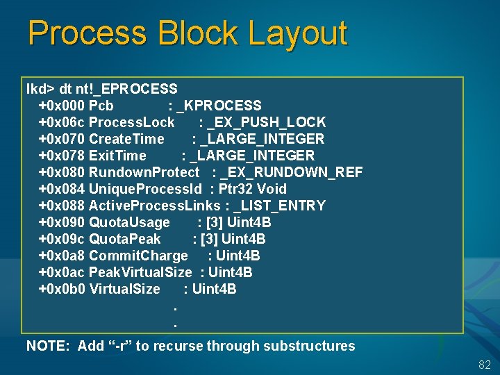 Process Block Layout lkd> dt nt!_EPROCESS +0 x 000 Pcb : _KPROCESS +0 x