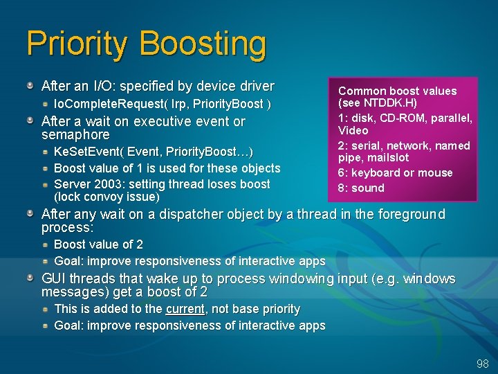 Priority Boosting After an I/O: specified by device driver Io. Complete. Request( Irp, Priority.