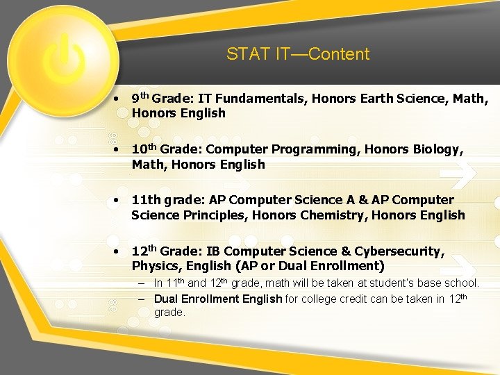 STAT IT—Content • 9 th Grade: IT Fundamentals, Honors Earth Science, Math, Honors English