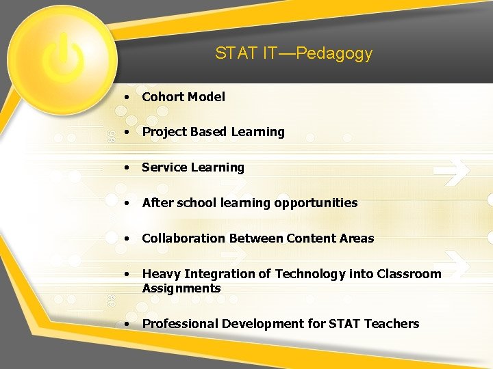 STAT IT—Pedagogy • Cohort Model • Project Based Learning • Service Learning • After