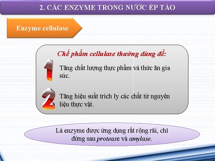 2. CÁC ENZYME TRONG NƯỚC ÉP TÁO Enzyme cellulase Chế phẩm cellulase thường dùng