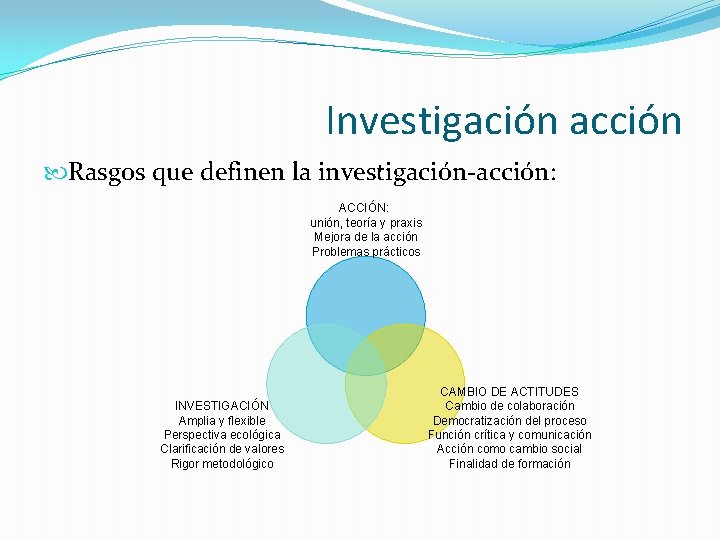 Investigación acción Rasgos que definen la investigación-acción: ACCIÓN: unión, teoría y praxis Mejora de