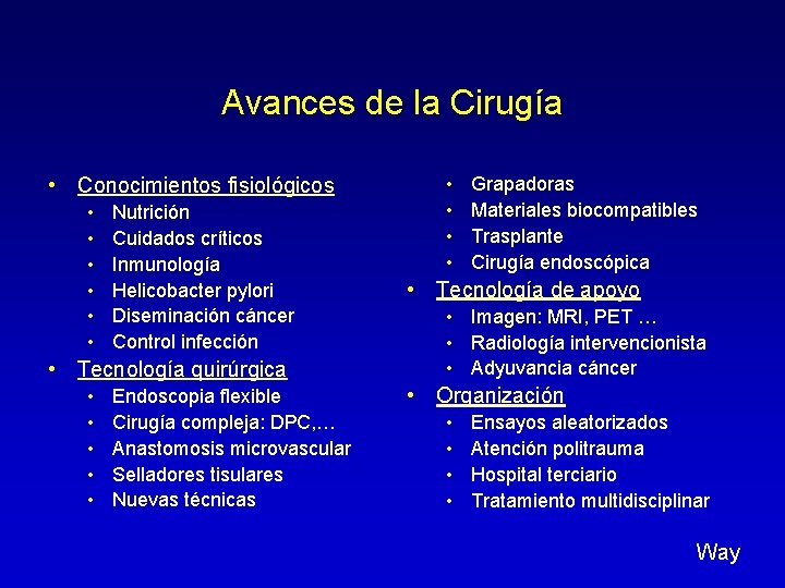 Avances de la Cirugía • Conocimientos fisiológicos • • • Nutrición Cuidados críticos Inmunología