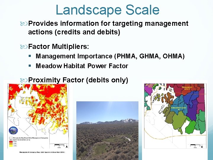 Landscape Scale Provides information for targeting management actions (credits and debits) Factor Multipliers: §