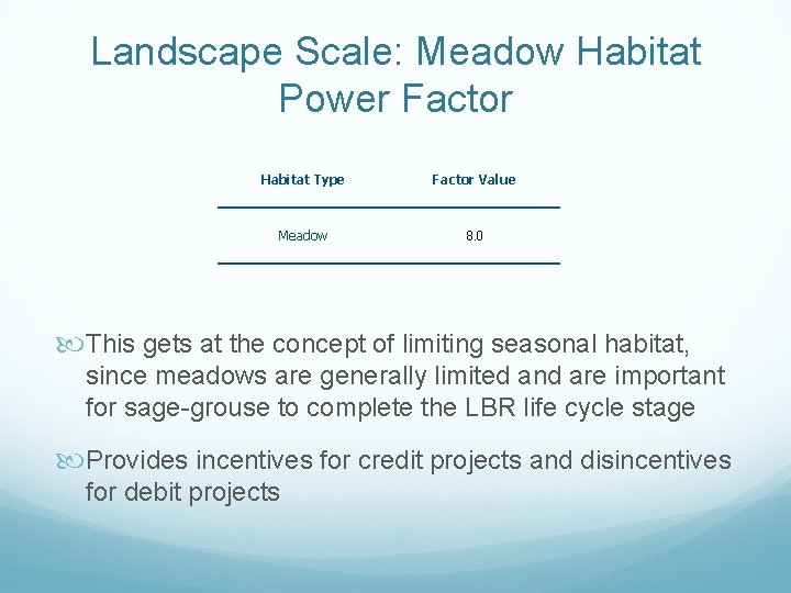 Landscape Scale: Meadow Habitat Power Factor Habitat Type Factor Value Meadow 8. 0 This