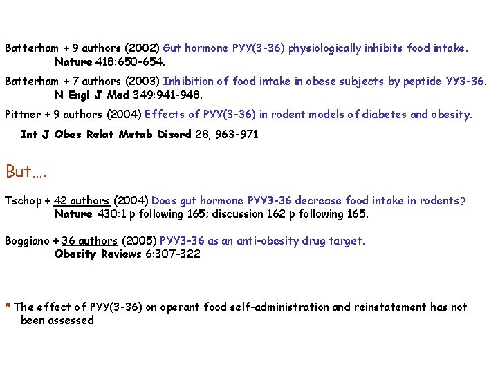 Batterham + 9 authors (2002) Gut hormone PYY(3 -36) physiologically inhibits food intake. Nature