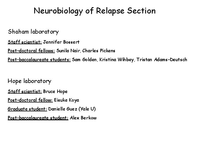 Neurobiology of Relapse Section Shaham laboratory Staff scientist: Jennifer Bossert Post-doctoral fellows: Sunila Nair,