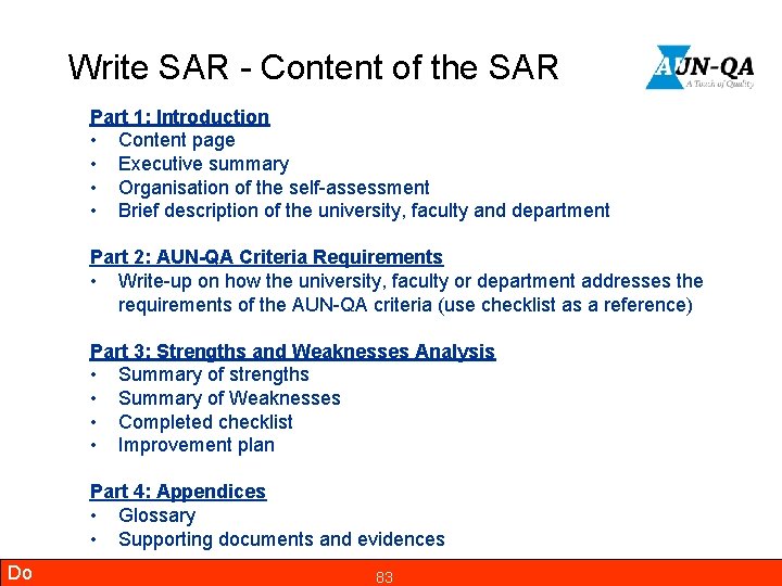 Write SAR - Content of the SAR Part 1: Introduction • Content page •