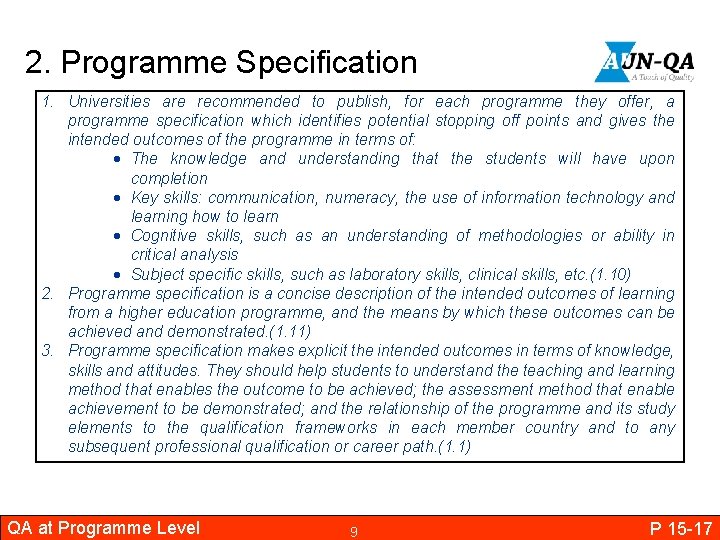 2. Programme Specification 1. Universities are recommended to publish, for each programme they offer,