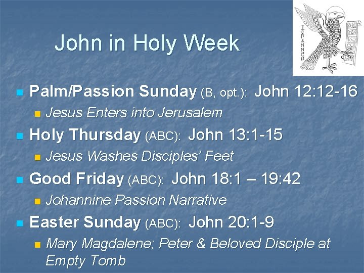 John in Holy Week n Palm/Passion Sunday (B, opt. ): John 12: 12 -16