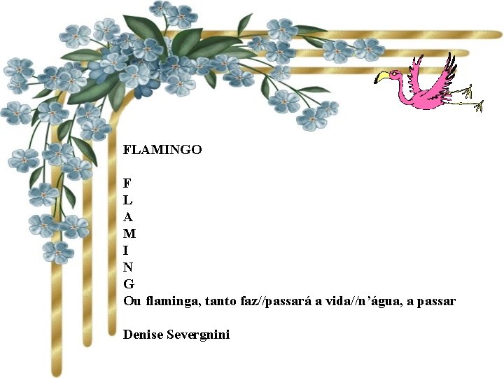 FLAMINGO F L A M I N G Ou flaminga, tanto faz//passará a vida//n’água,