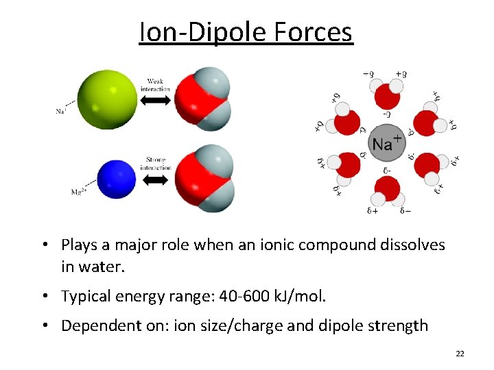 Ion-Dipole Forces • Plays a major role when an ionic compound dissolves in water.
