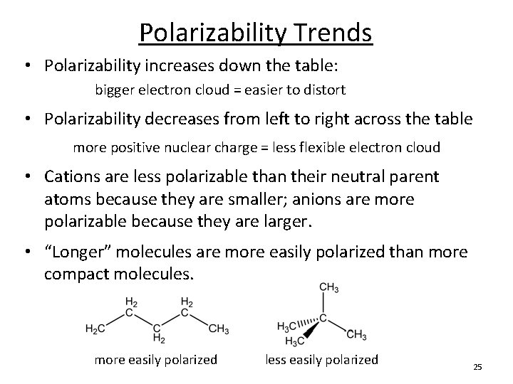 Polarizability Trends • Polarizability increases down the table: bigger electron cloud = easier to